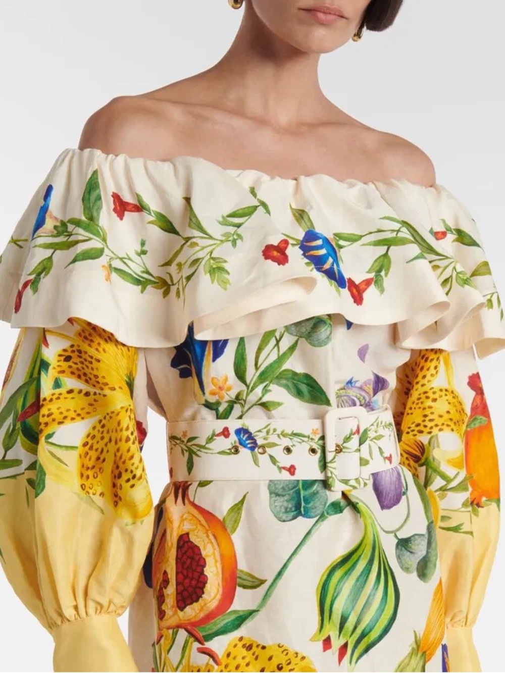 Off-Shoulder Floral Fruit Print Mini Dress in Yellow and Cream - Picture 2 of 7